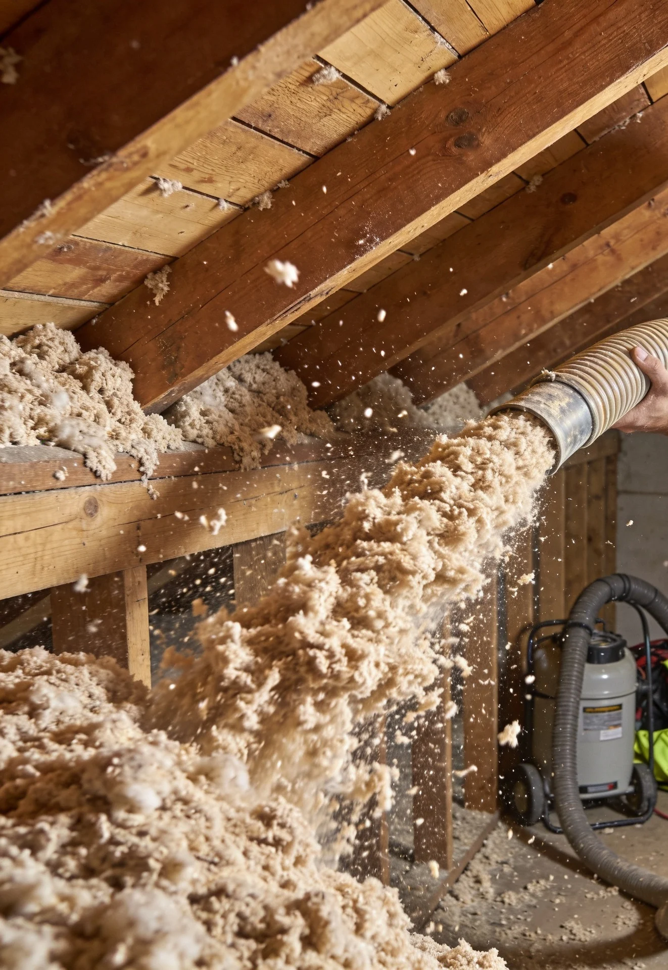 A man's hand holds a large hose on the right side of the image. The hose is blowing insulation into one area of an attic on the left side of the image. The attic is unfinished, with exposed wooden beams and flooring. The insulation is tan colored and is in small, fluffy pieces.