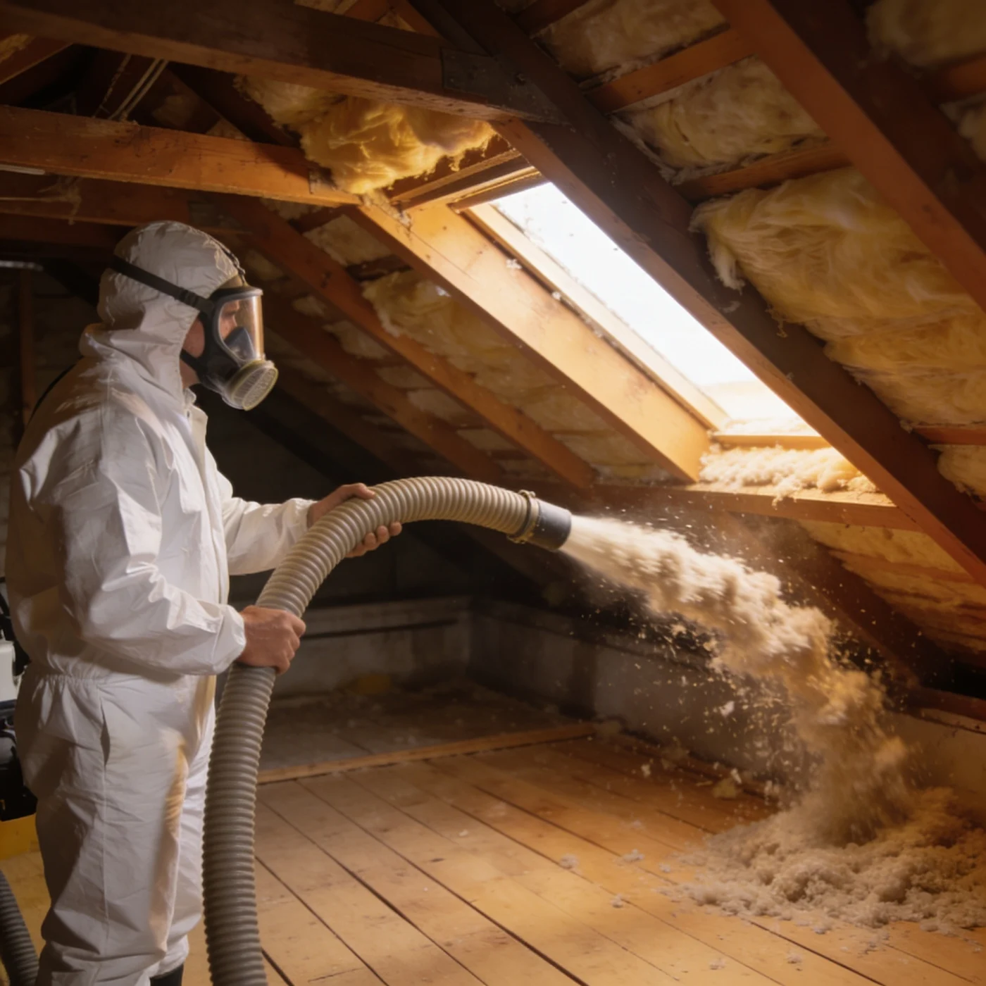 An unfinished attic with exposed ceiling beams, wall support studs, and beams. There is insulation in part of the ceiling, and a technician dressed in white PPE and a protective facemask is using a large hose to blow insulation onto the floor beneath a large window.