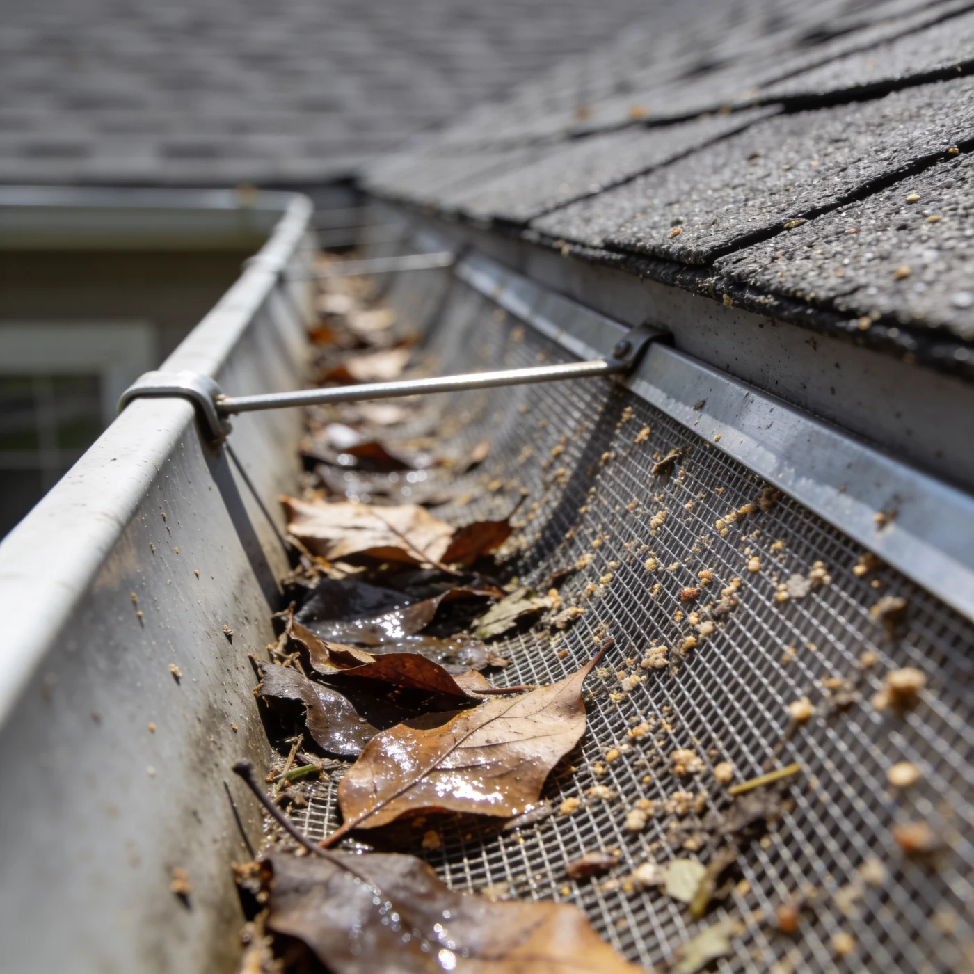 Protective Gutter Guards In Elgin, IL |Apex Exteriors Close-up shot of a metal gutter with a screen installed inside it. There are wet leaves and other plant and tree debris on top of the gutter screen. The home’s roof is made of dark gray and black shingles.
